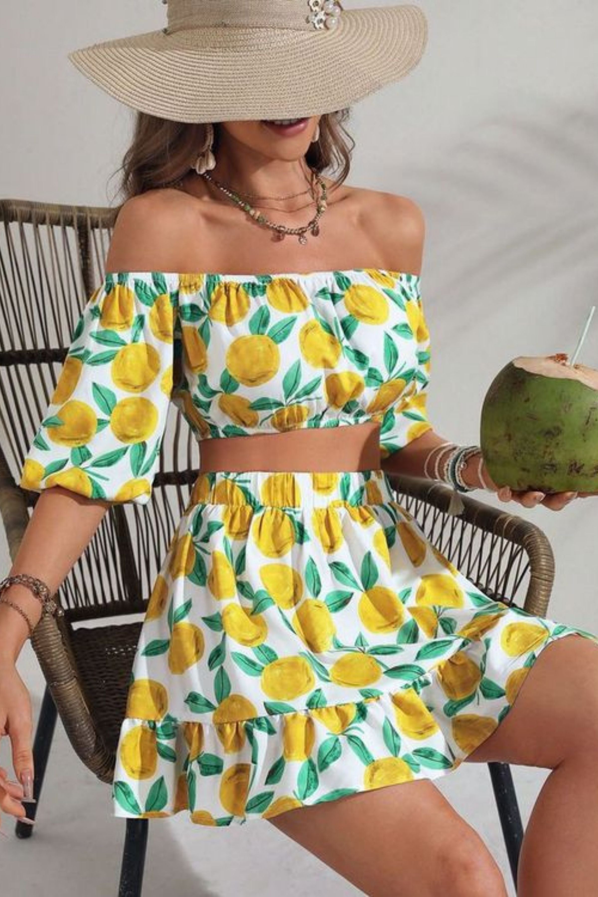 LEMON OFF SHOULDER CROP AND SKIRT