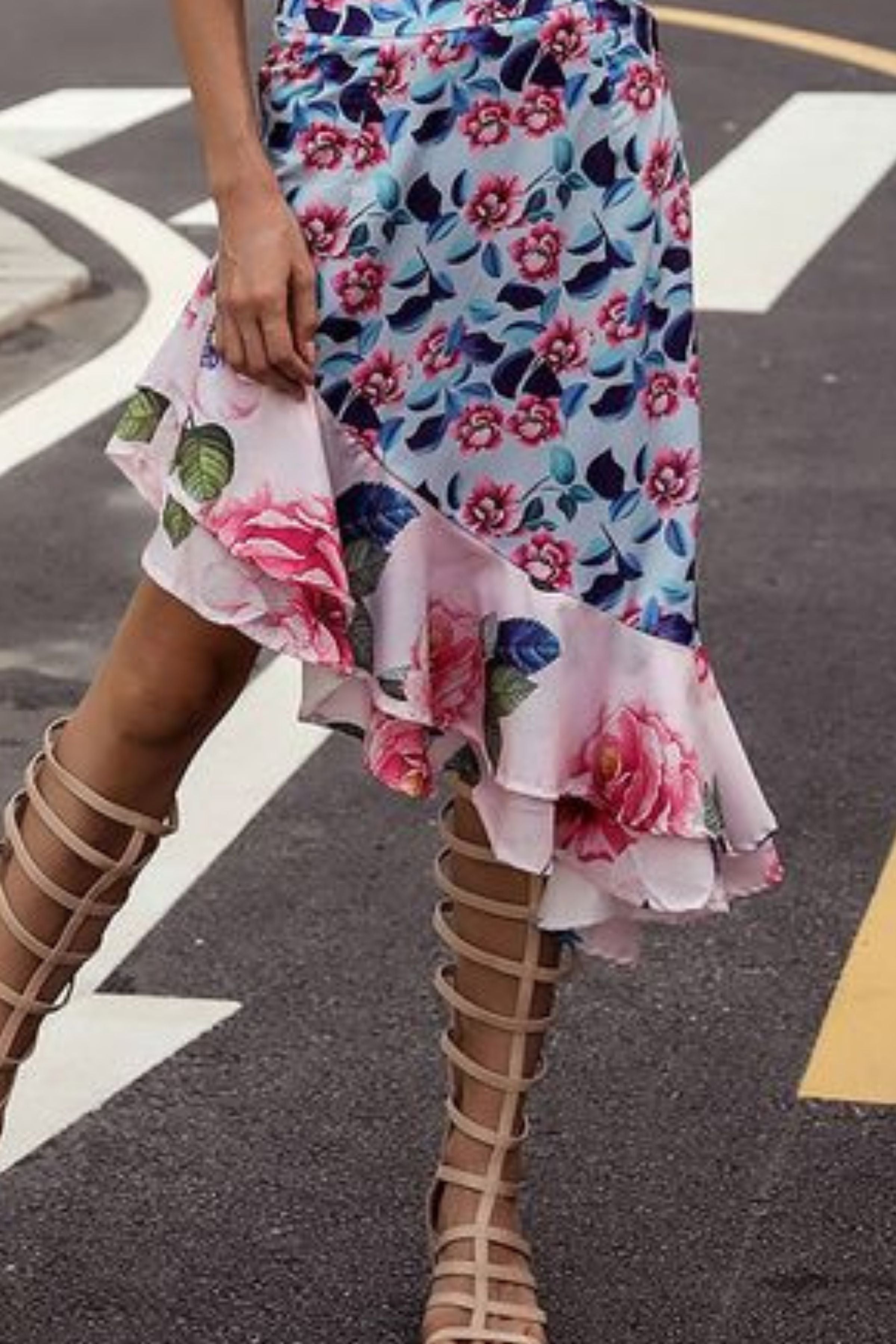 COCKTAIL ONE SHOULDER TIE SIDE FLORAL TOP & LAYERED SKIRT