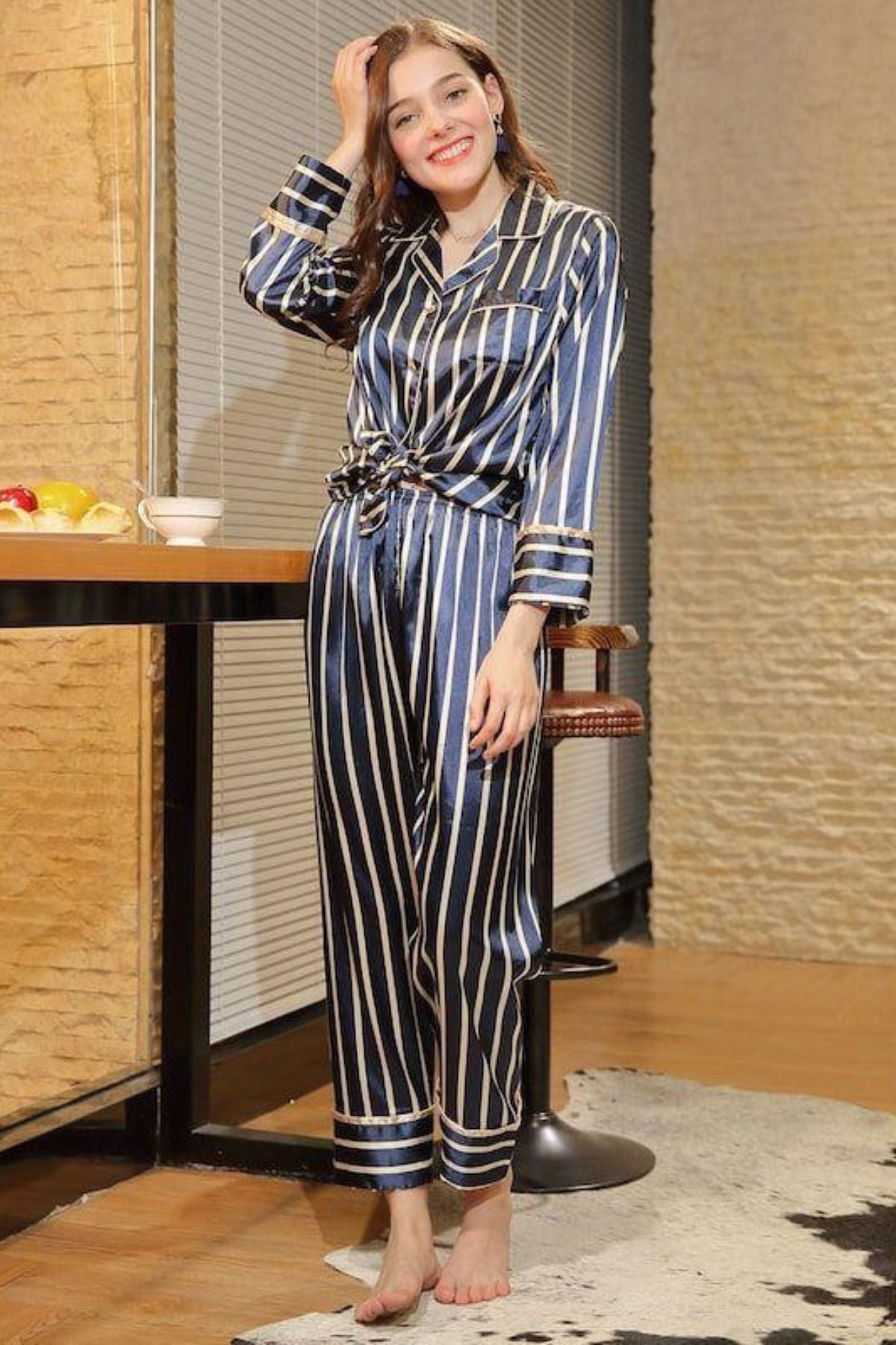 Gleam Stripes Satin Night Suit
