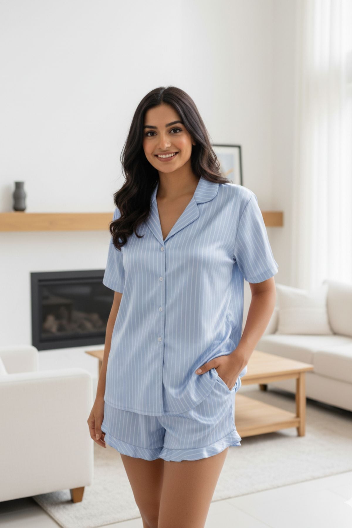 Blue Wave Stripes Night Suit