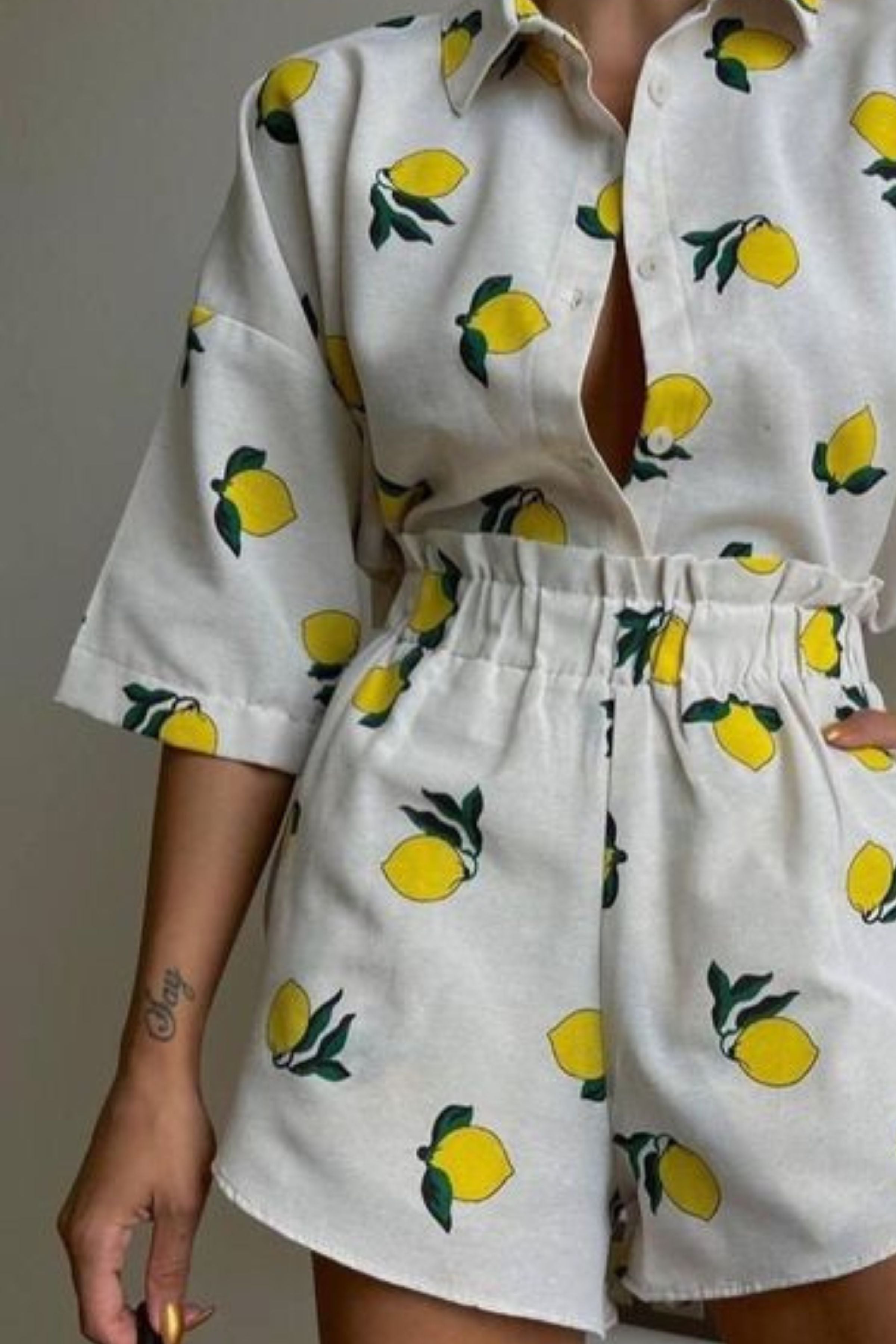 LEMON SHIRT AND HIGH WAISTED SHORTS
