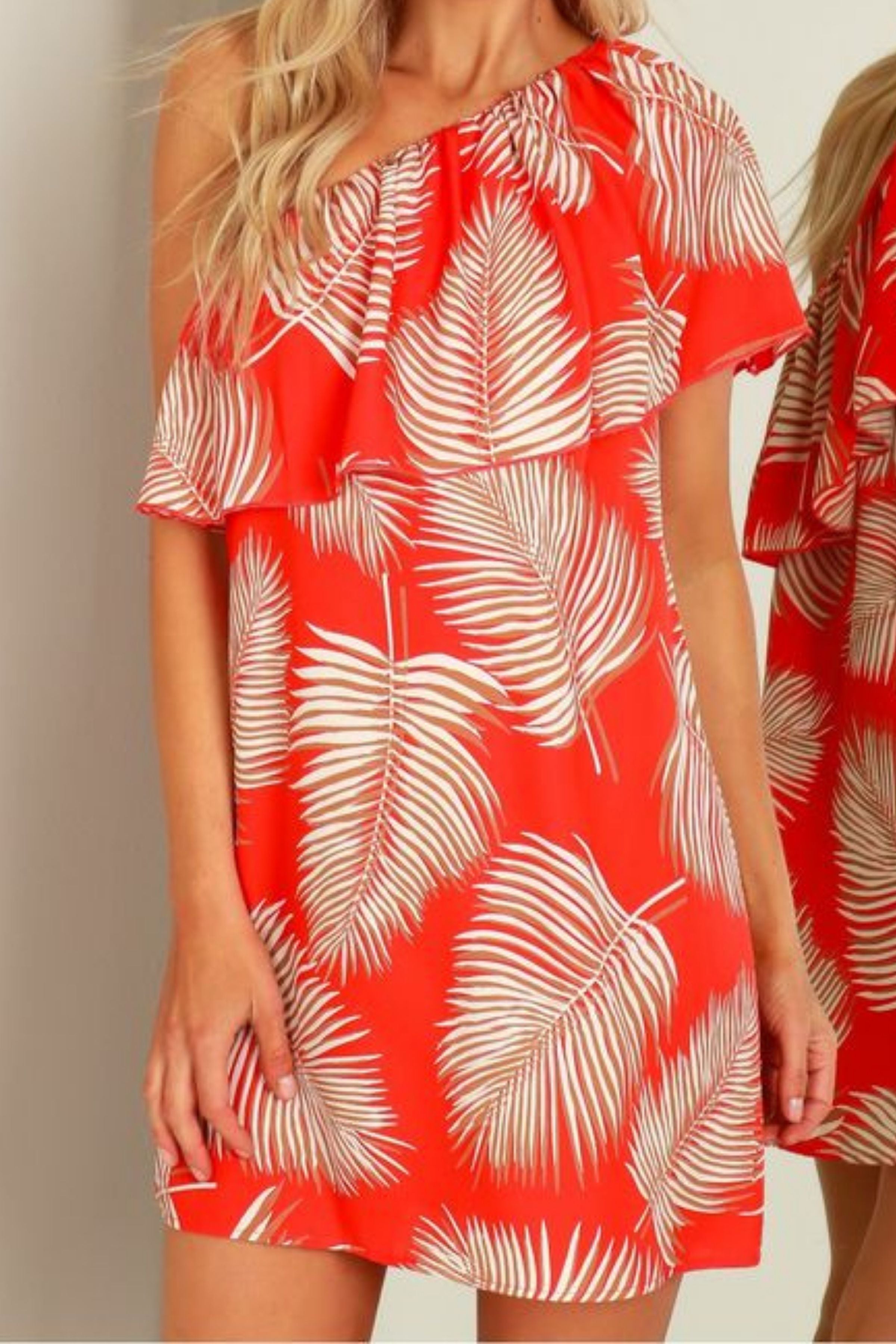 ORANGE PALM ONE SHOULDER DRESS