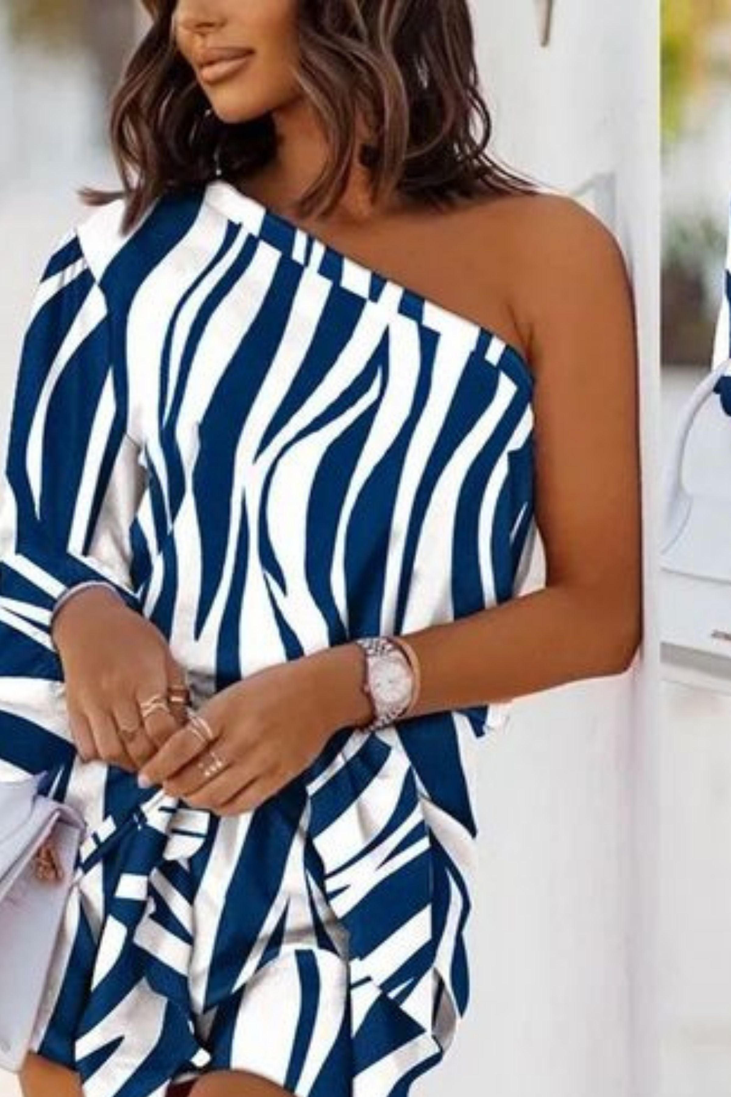 ZEBRA ONE SHOULDER TIED CASUAL DRESS