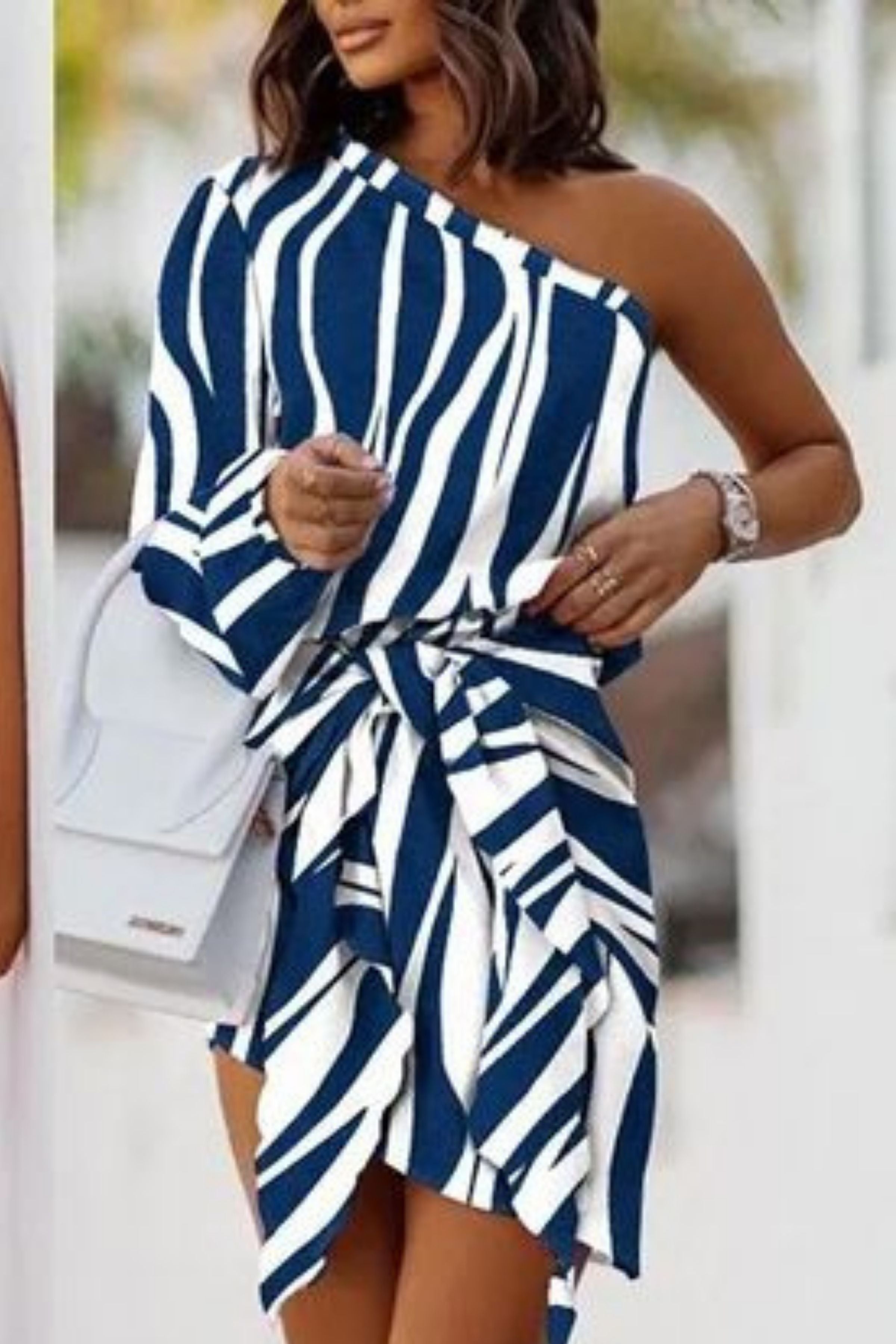 ZEBRA ONE SHOULDER TIED CASUAL DRESS