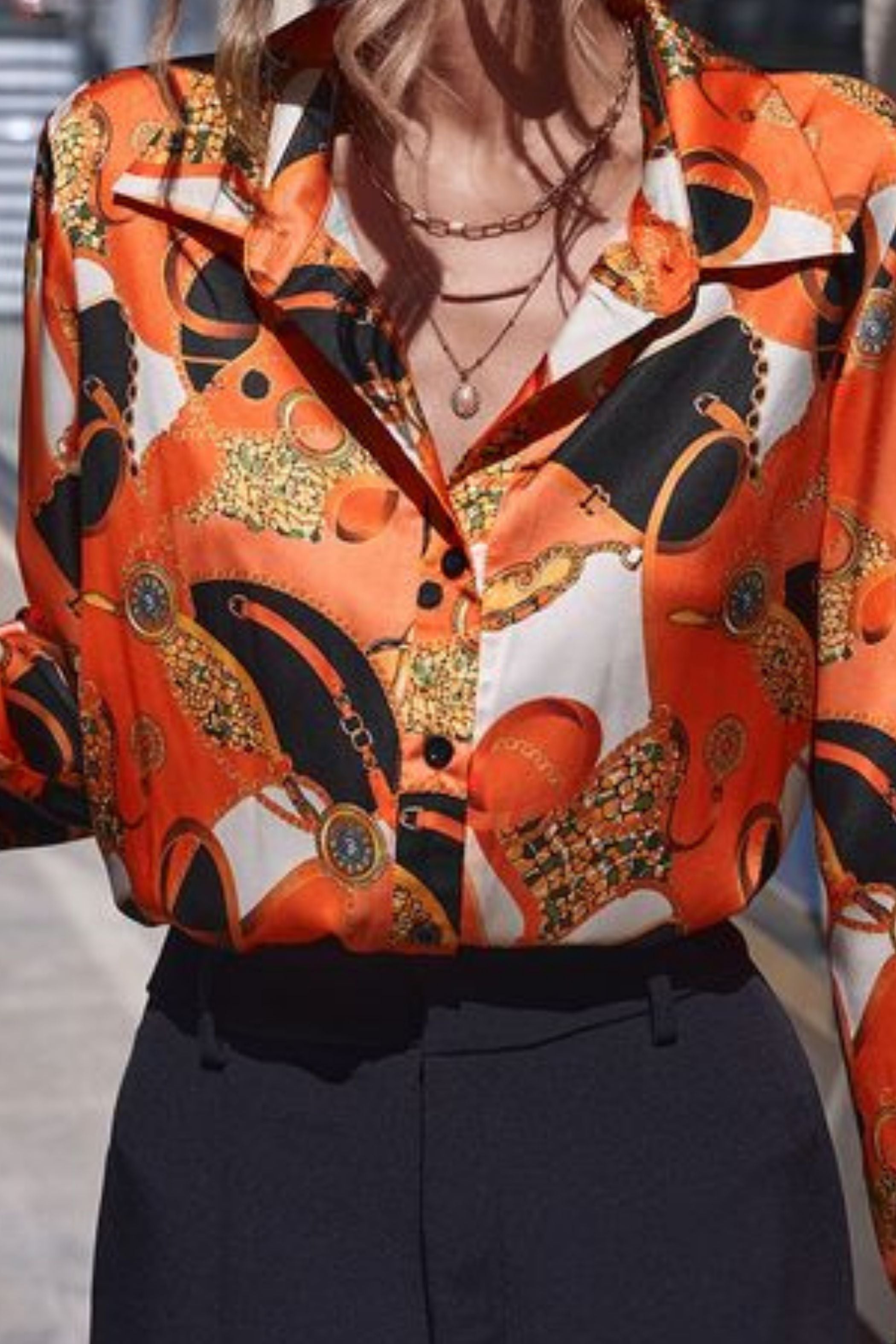 CHAIN BLOCK ORANGE SATN SHIRT