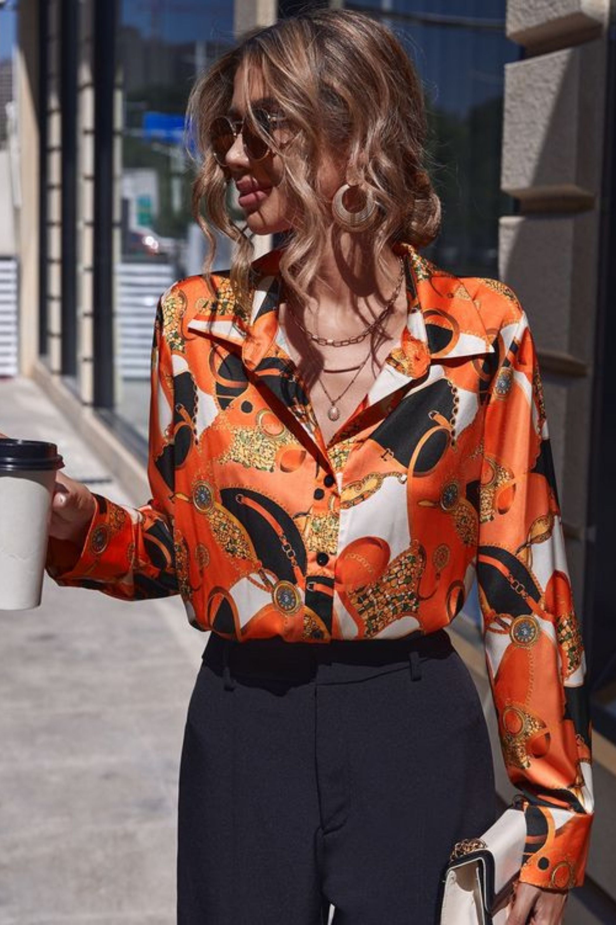 CHAIN BLOCK ORANGE SATN SHIRT 2