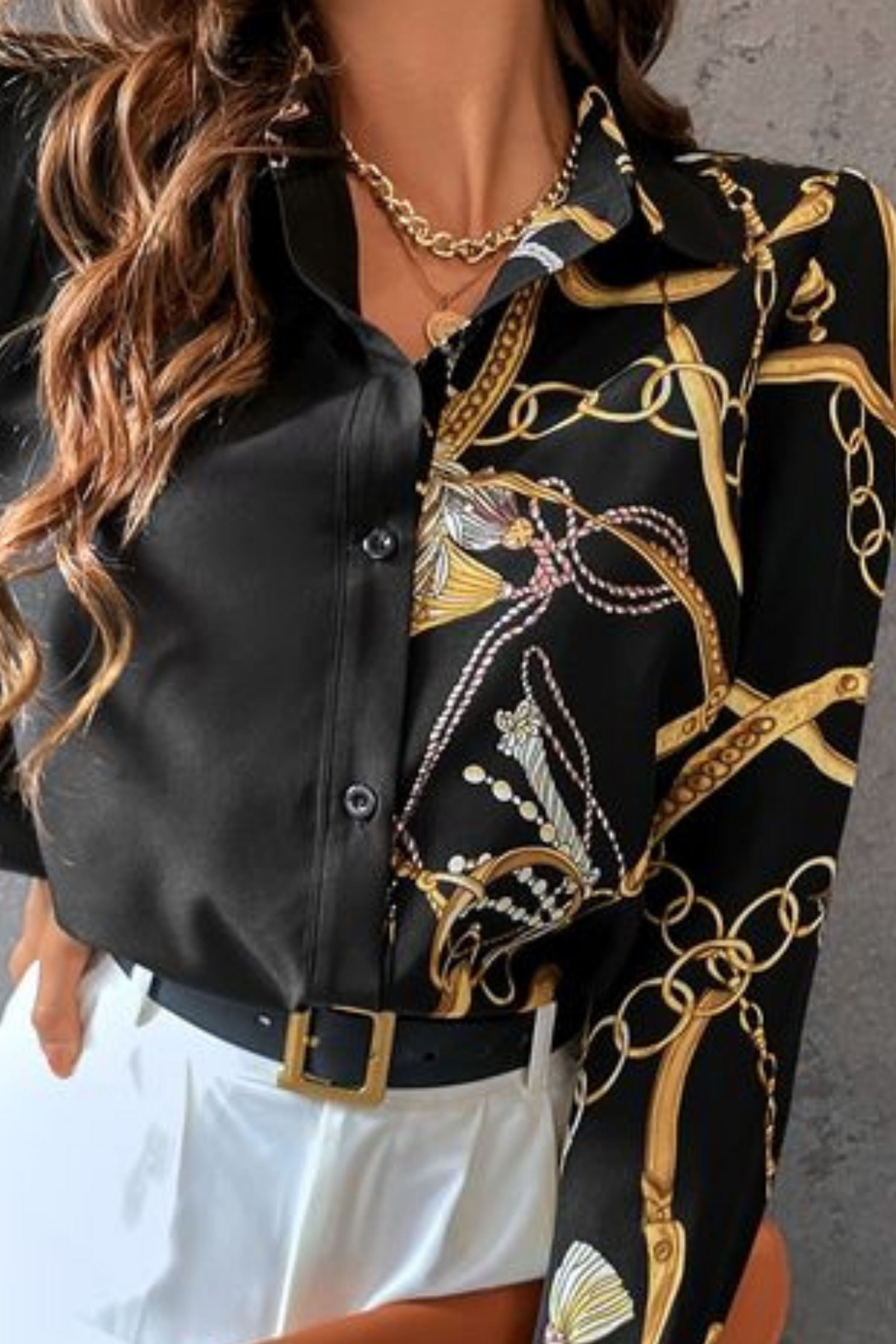 CHAIN PRINT PUFF SLEEVE SATIN SHIRT