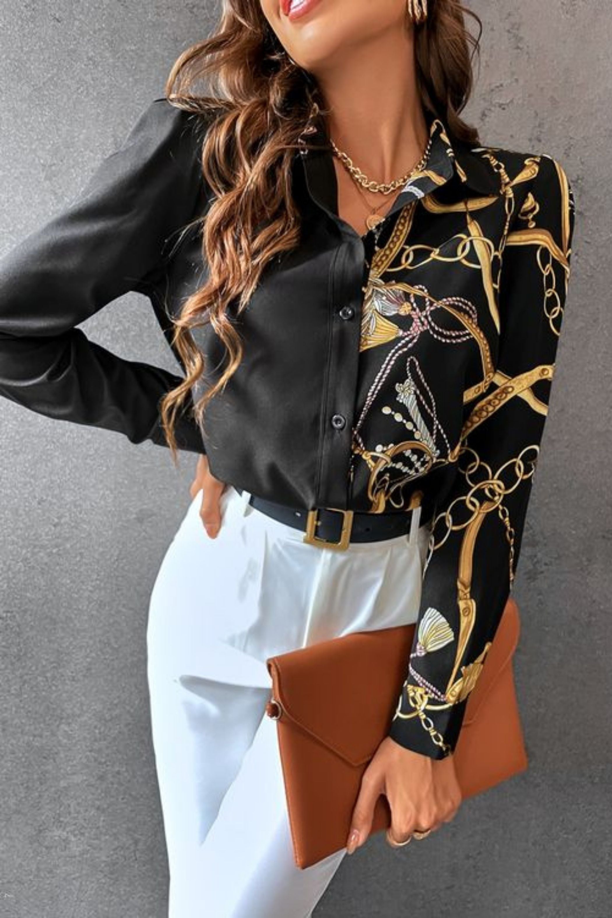 CHAIN PRINT PUFF SLEEVE SATIN SHIRT 3