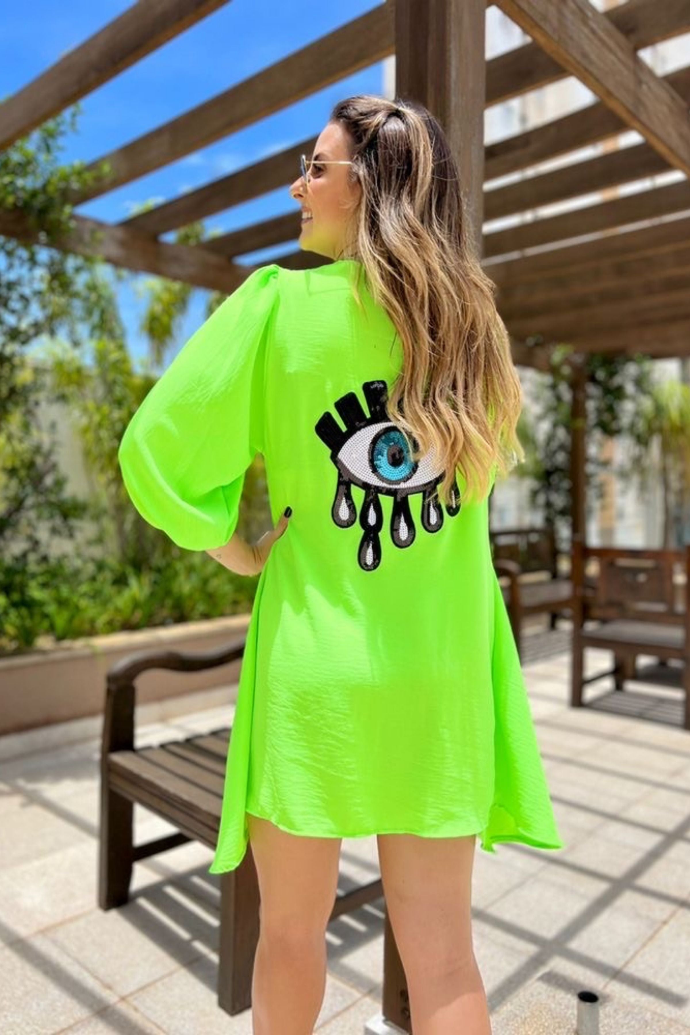 Neon Green Evil Eye Kimonos With Handwork 