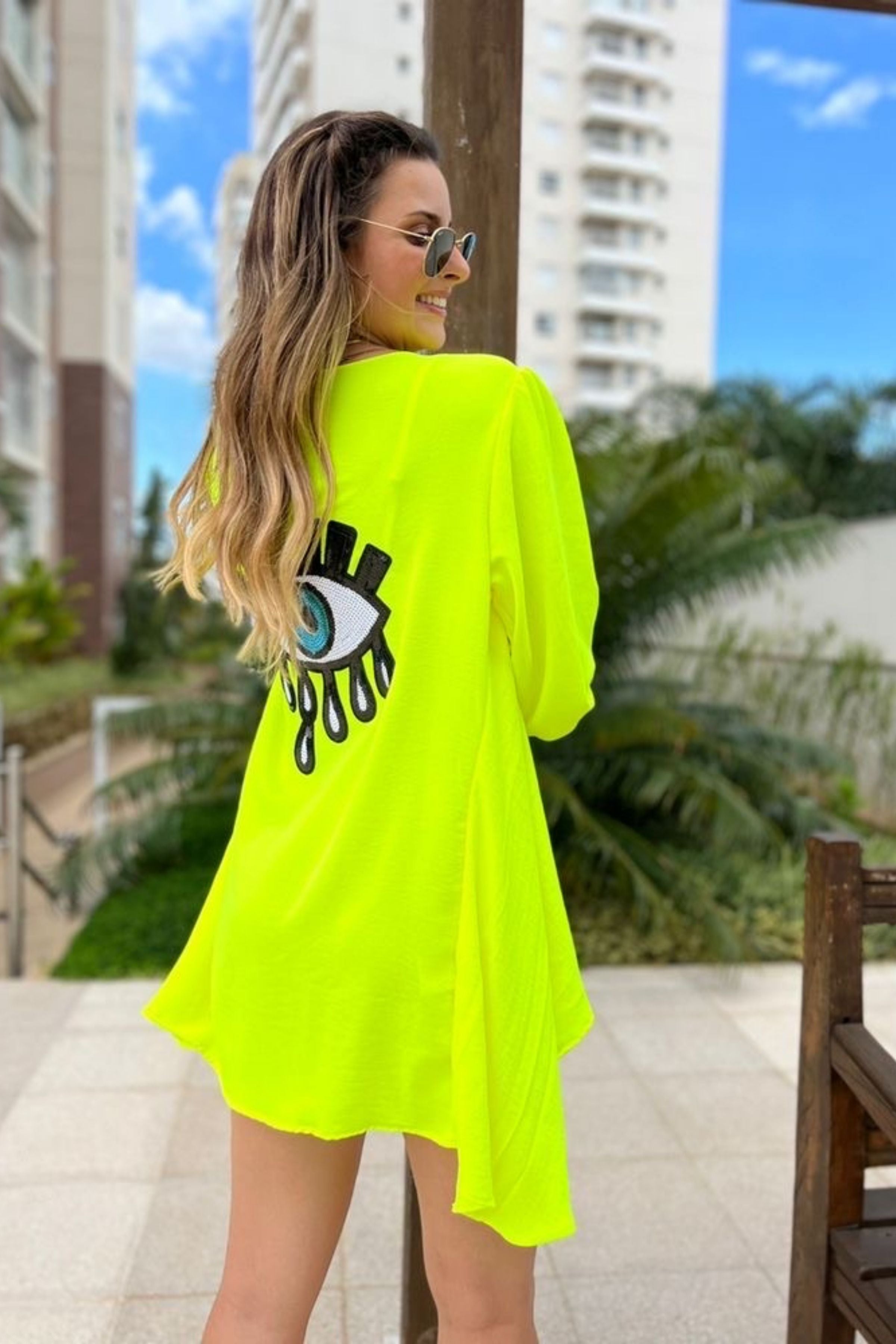 Neon Yellow Evil Eye Kimonos With Handwork 