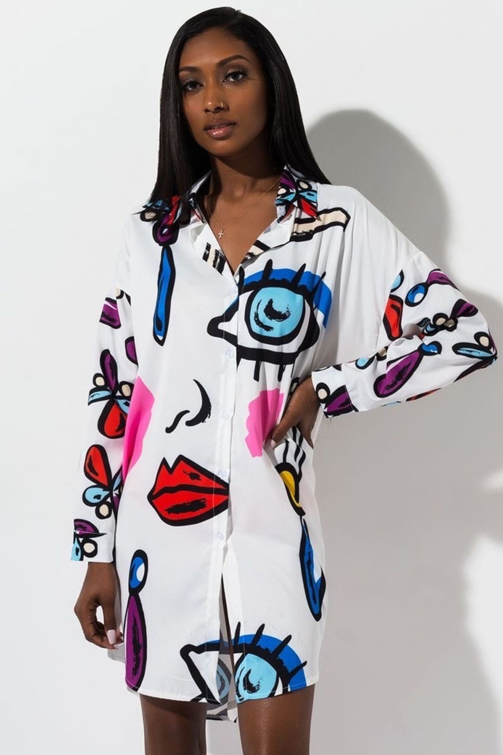White Multi Evil Eye Shirt Dress