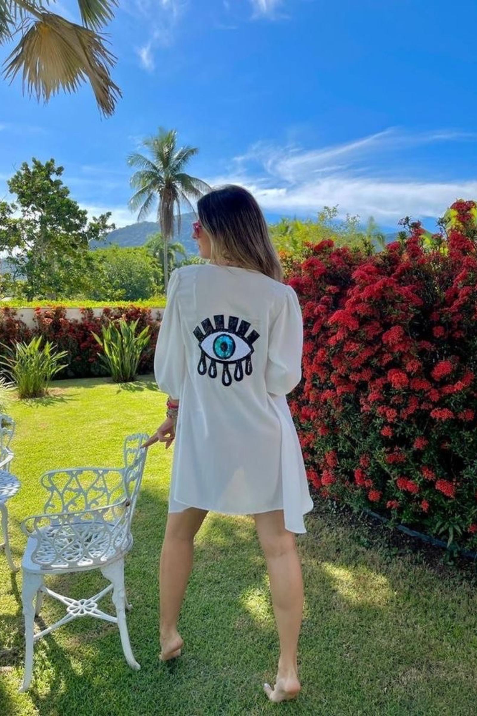 White Blue Evil Eye Kimonos With Handwork 